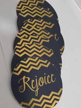 Black and Gold 'Rejoice' Round Coaster 7 Pc Set